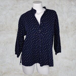 Ines De La Fressange Paris Navy Blue and Tan Sprout Design Pleated Women's Top